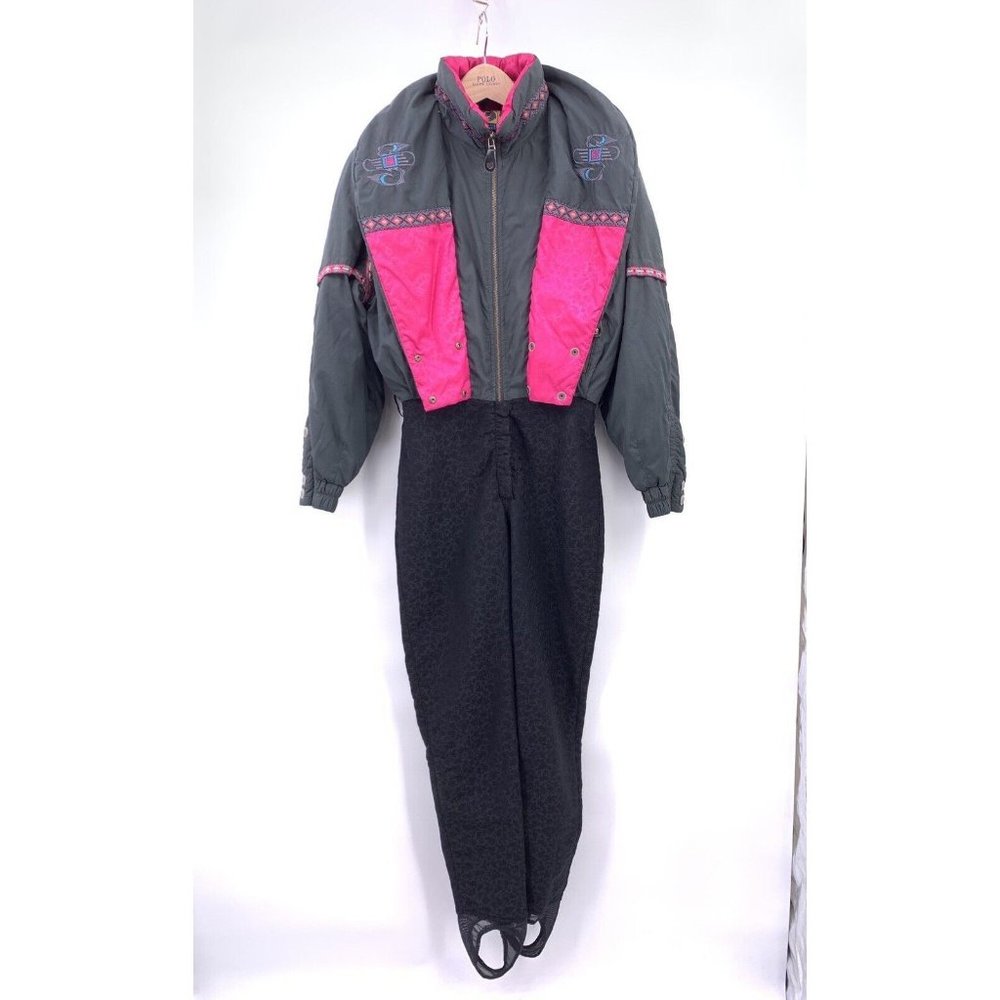 Head Vintage Black Embroidered 1pc Jacket Pants Skiwear Snowsuit Size 8 (F3)